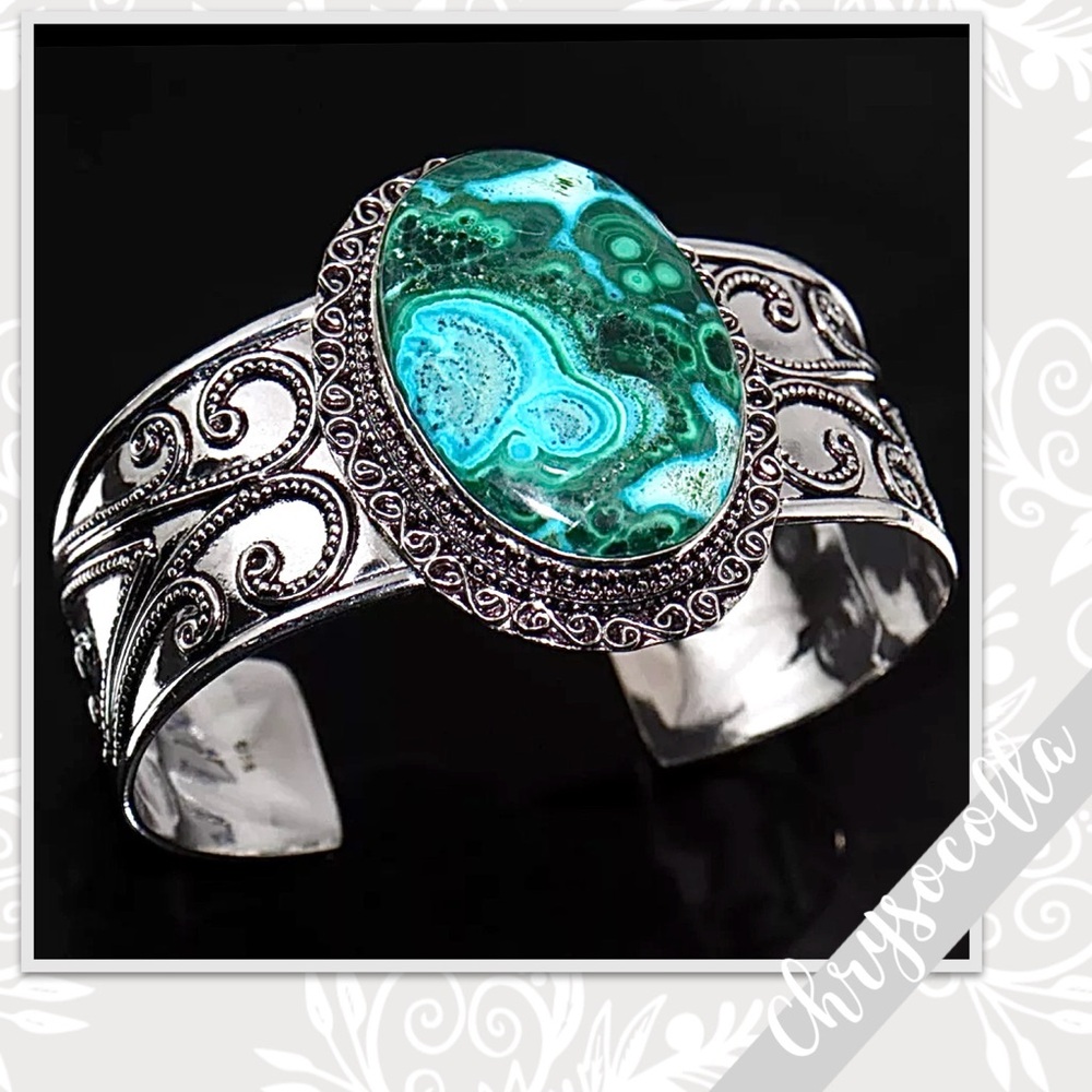 Chrysocolla Silver Artisan Bangle Cuff Bracelet Adjustable Turquoise Blue, Green